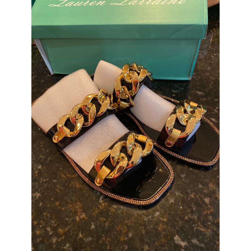 Brand New Lauren Lorraine Women's Size 9 Chan Black Gold Chain Slip on Sandals